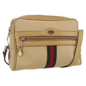 Authentic GUCCI Web Sherry Line Shoulder Bag Nylon Beige Gold Red 010 378